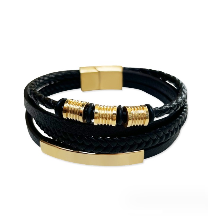 Gold Plated PU Leather Bracelet For Men